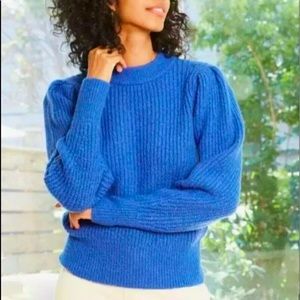 Mock Neck Sweater Puff Sleeve Blue Knit Long Top Casual Cozy Cottagecore
